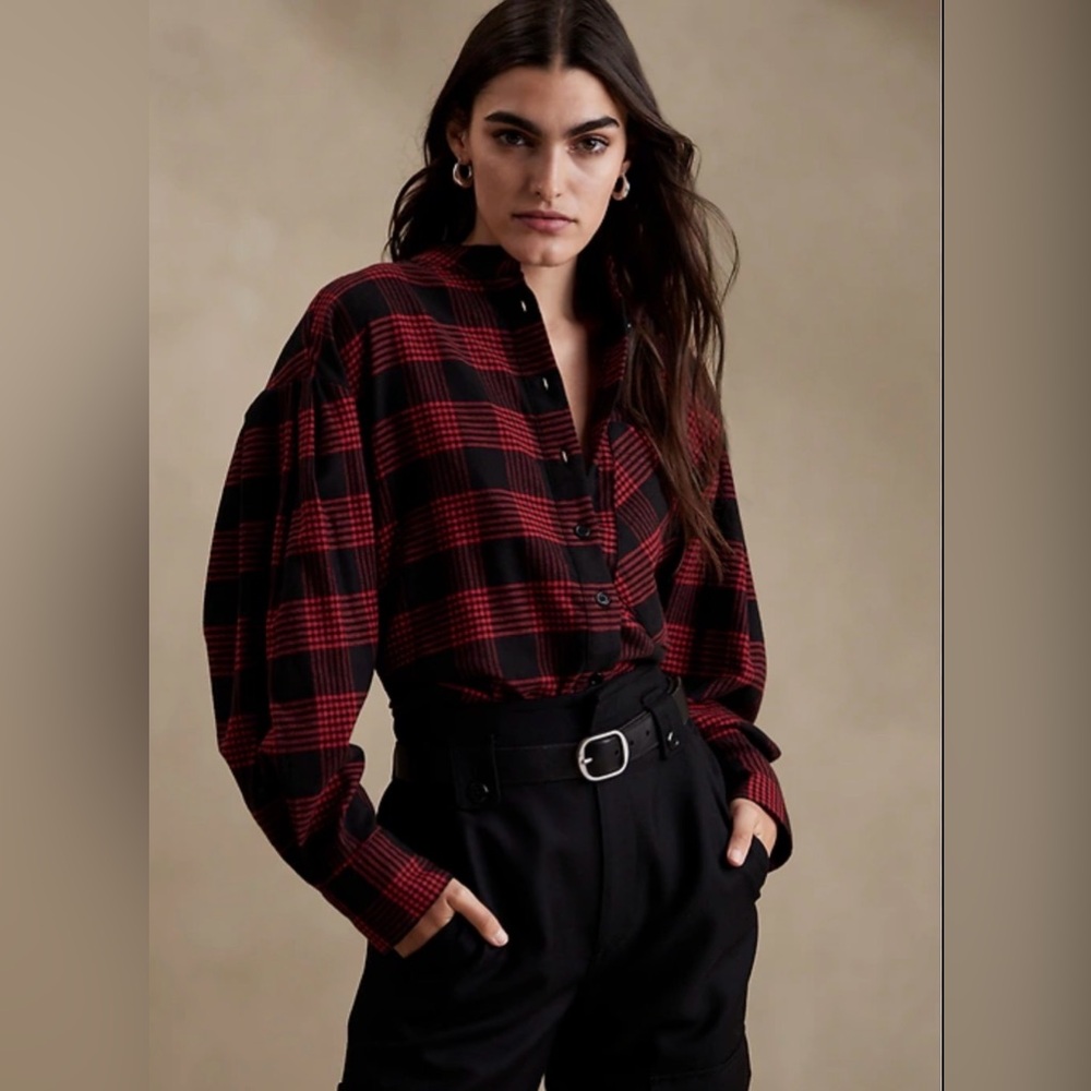 Banana Republic Piazza Flannel Shirt Womens S Red Plaid Balloon Slv Cropped Top
